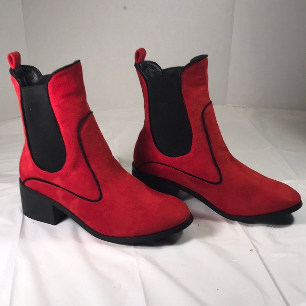 RC-1 Women’s Festive Red Vegan Suede Blocked Heel  Pull On Western Chelsea Boot
